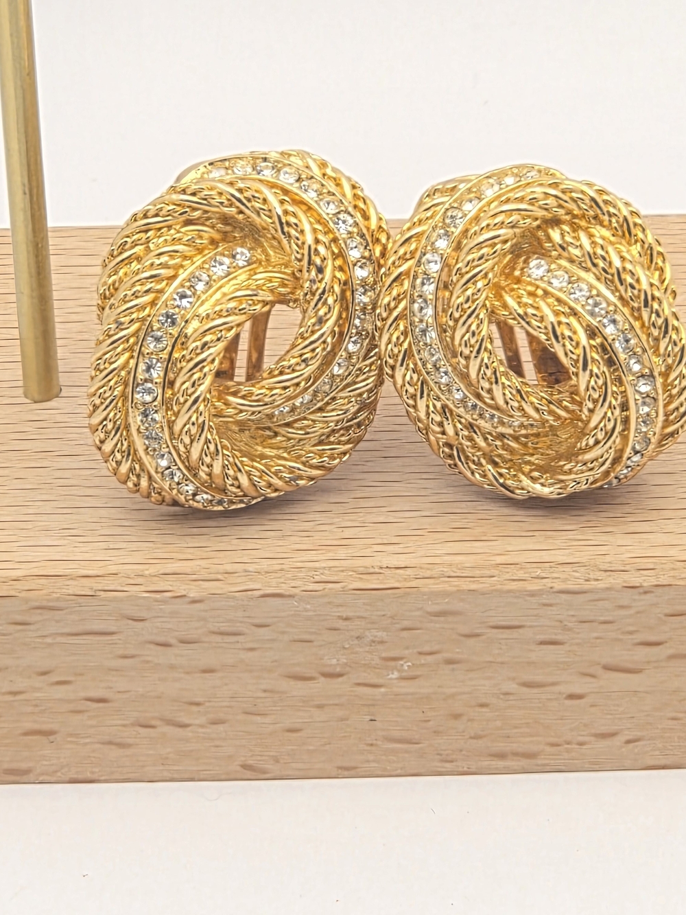 Vintage Christian Dior Rhinestone Rope Twist Knot Clip On Earrings Gold Tone